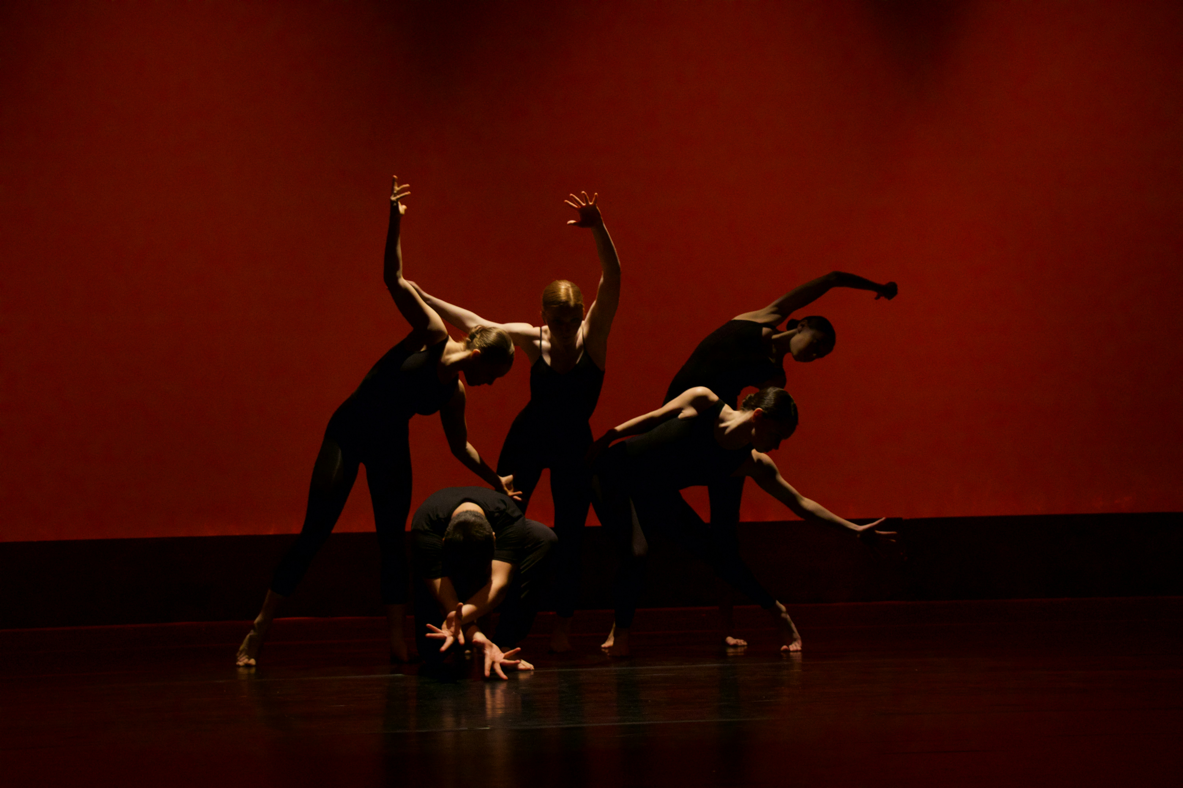 Photo of a group of modern dancers posing on a stage.