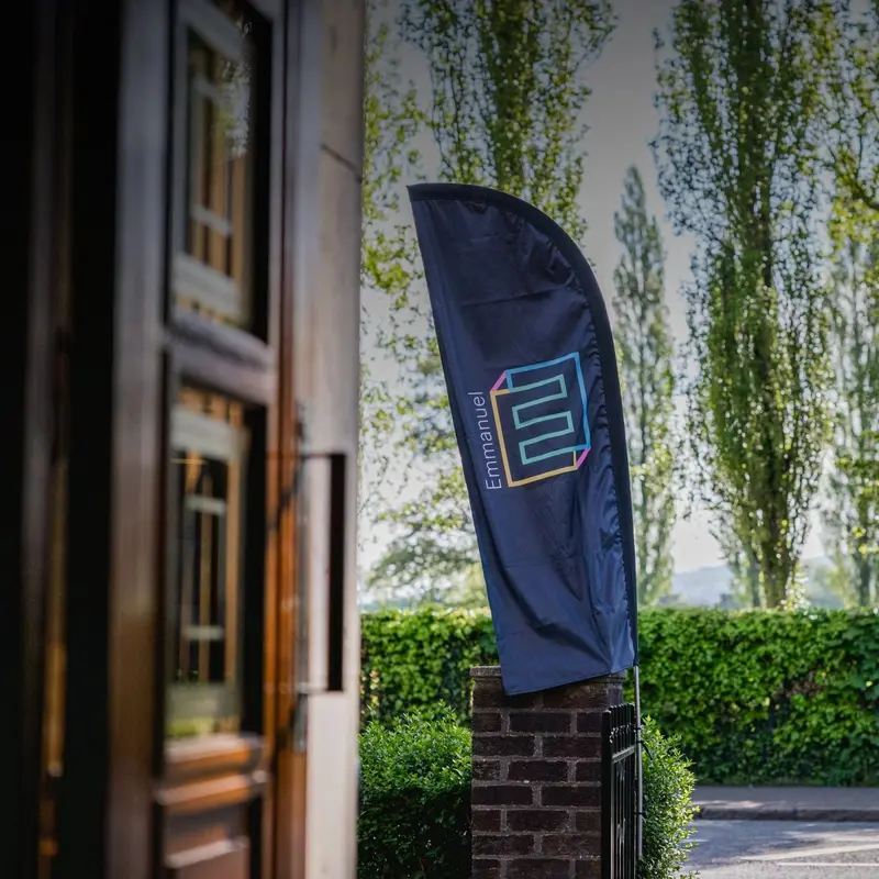 An Emmanuel flag outside the church entrance on Ravenhill Road